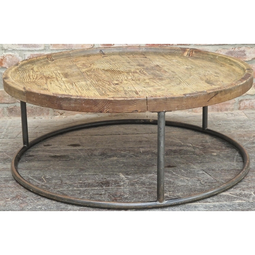 1200 - Vintage industrial dished pine top coffee table on a tubular steel frame, 40cm x 100cm.