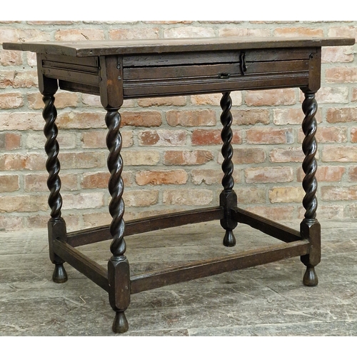 1292 - Early Georgian oak side table with single frieze drawer with barley twist supports and chamfered str... 