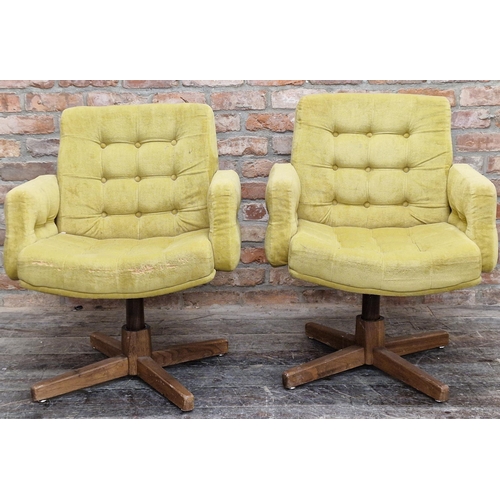 1205 - Pair of 1960s lime green swivel lounge chairs with buttoned upholstery and teak bases (2).