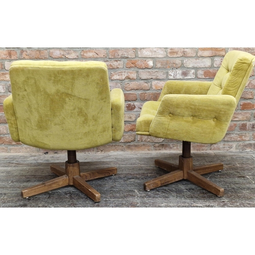 1205 - Pair of 1960s lime green swivel lounge chairs with buttoned upholstery and teak bases (2).