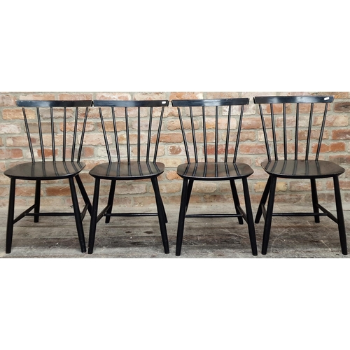 1206 - Set of four Danish ebonised stickback dining chairs stamped 'made in Denmark' to base of seat (4).