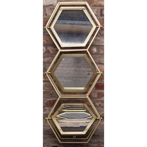 1175 - Art Deco style triptych wall mirror of hexagonal form fitted with 3 hinged revolving mirror plates i... 