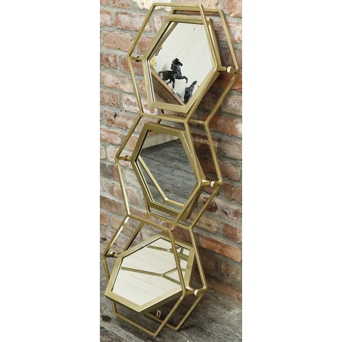 1175 - Art Deco style triptych wall mirror of hexagonal form fitted with 3 hinged revolving mirror plates i... 