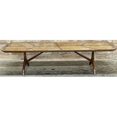 1218 - Everest for Heal's - 'Long Tom' coffee table, with inlaid exotic wood top on splayed leg base, 37 x ... 