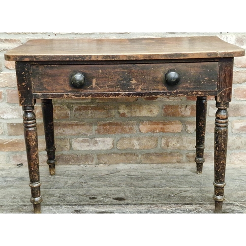 1310 - Victorian provincial pine side table, fitted with a single drawer on turned legs, 92.5cm