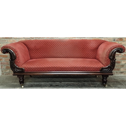 1312 - Early Victorian scroll end show frame sofa with geometric diaper red upholstery upon a mahogany fram... 