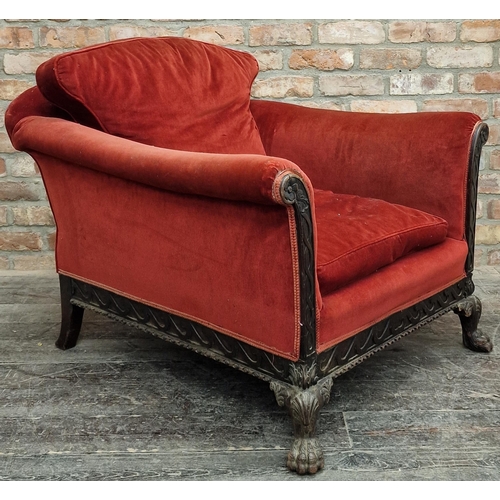 1316 - 19th century deep lounge chair with red velvet upholstery the show framework with blind fretwork pan... 