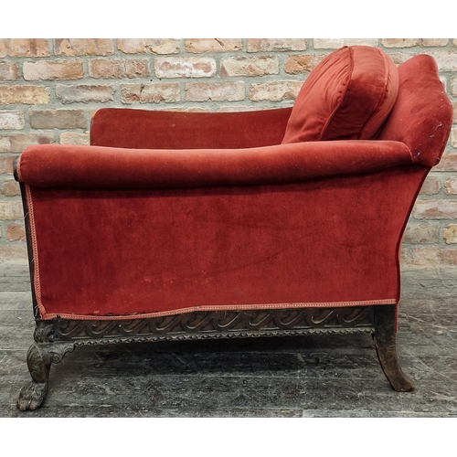 1316 - 19th century deep lounge chair with red velvet upholstery the show framework with blind fretwork pan... 