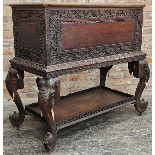 1317 - Impressive Anglo-Indian chest or blanket box on stand the hinge lid centrally carved with a buddhist... 