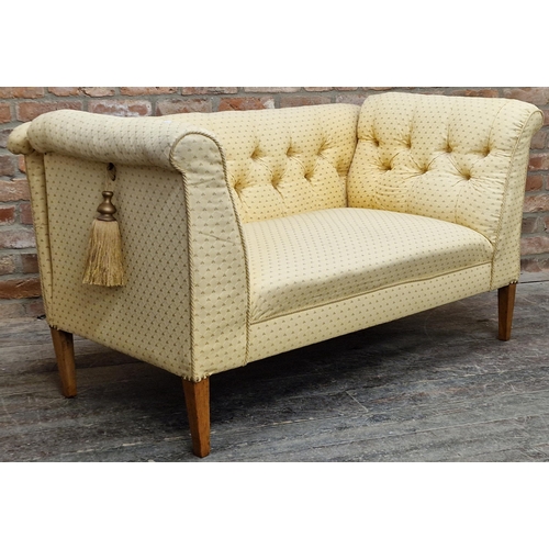 1318 - Early 20th century button back double drop end couch or sofa, with geometric yellow upholstery upon ... 