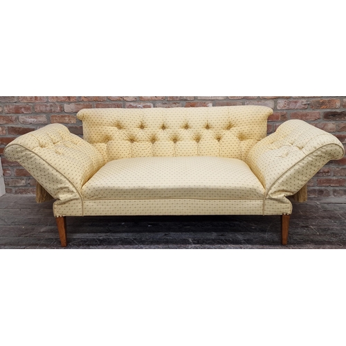 1318 - Early 20th century button back double drop end couch or sofa, with geometric yellow upholstery upon ... 