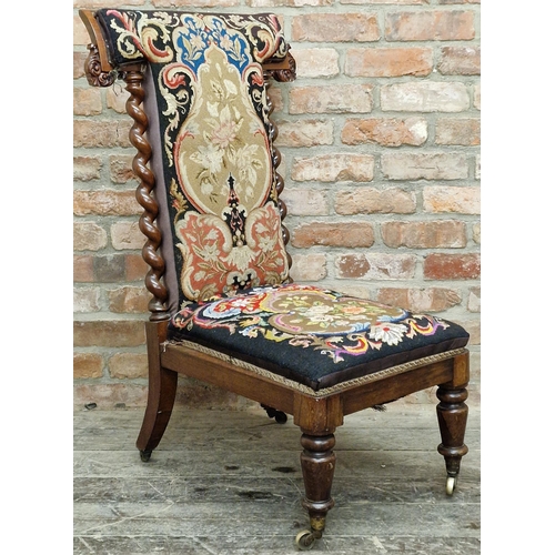 1321 - 19th century walnut prayer chair with wool-work stuff-over back and seat with rococo floral panels o... 