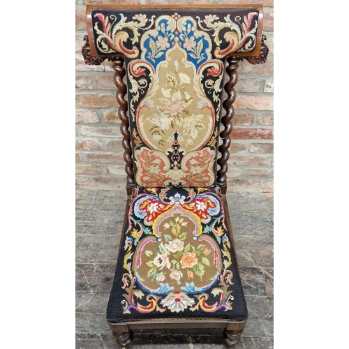 1321 - 19th century walnut prayer chair with wool-work stuff-over back and seat with rococo floral panels o... 