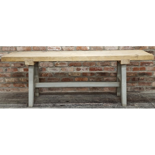 1322 - Rustic provincial French console table with thick cut plank top upon a painted trestle-type frame ba... 