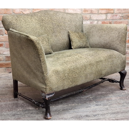 1323 - Late Georgian moustache-back 2 seater salon couch with green Draylon upholstery with cabriole front ... 