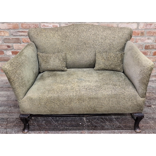 1323 - Late Georgian moustache-back 2 seater salon couch with green Draylon upholstery with cabriole front ... 