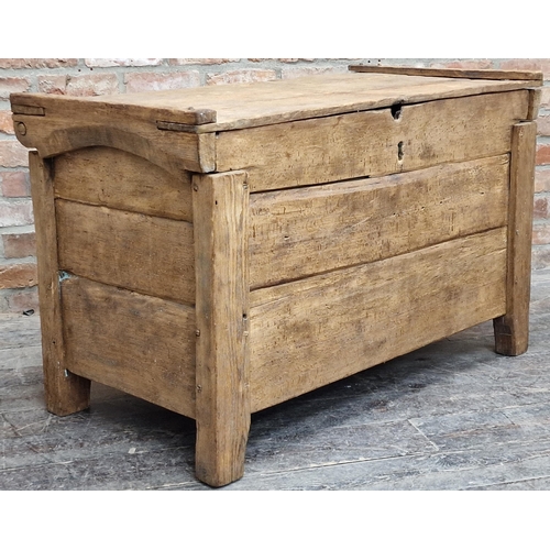 1324 - 16th century Rivan oak meal ark or chest the primitive hinge top over a panel base on styled support... 