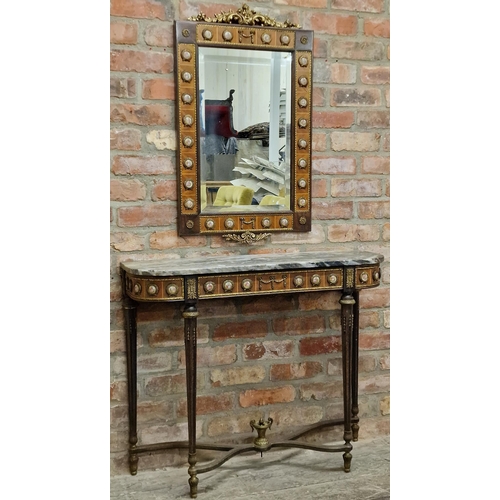 1329 - Mid 20th century French marble top console table with kingwood base fitted with various Limoges pane... 