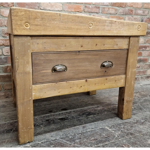 1337 - Good antique provincial butchers block upon a reclaimed pine stand fitted with a long drawer, 80 x 9... 