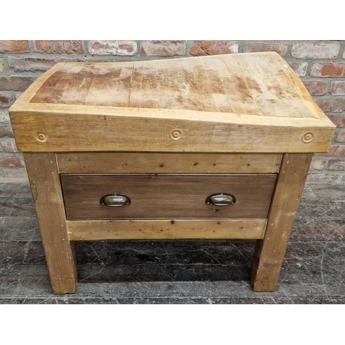 1337 - Good antique provincial butchers block upon a reclaimed pine stand fitted with a long drawer, 80 x 9... 