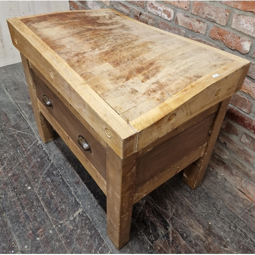 1337 - Good antique provincial butchers block upon a reclaimed pine stand fitted with a long drawer, 80 x 9... 