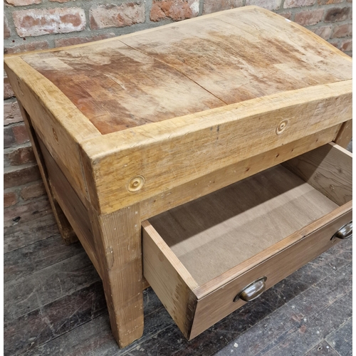 1337 - Good antique provincial butchers block upon a reclaimed pine stand fitted with a long drawer, 80 x 9... 