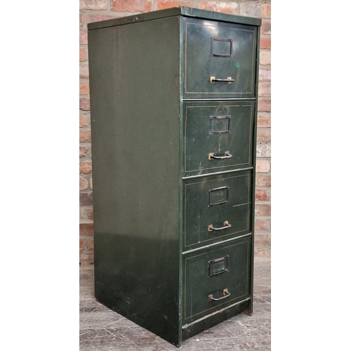 1220 - Vintage industrial racing green four drawer filing cabinet with gilt tracery to the drawers, 132 x 4... 