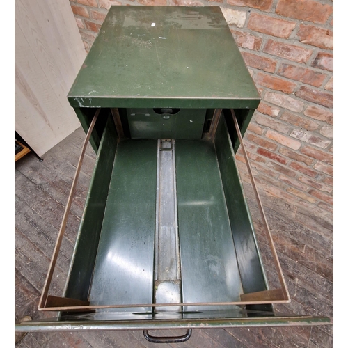 1220 - Vintage industrial racing green four drawer filing cabinet with gilt tracery to the drawers, 132 x 4... 