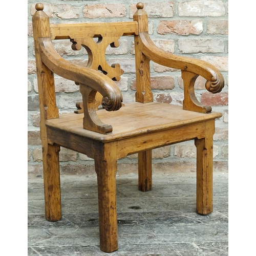 1339 - A 19th century Gothic Revival pitch pine carver hall chair