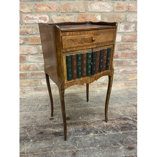 1308 - French kingwood and boxwood inlaid bedside cabinet with raised gallery single drawer and cupboard do... 