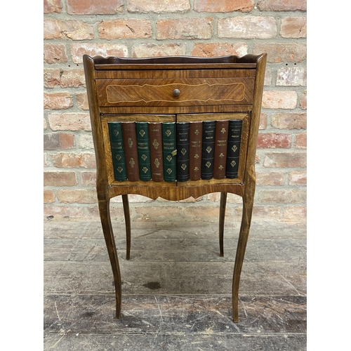 1308 - French kingwood and boxwood inlaid bedside cabinet with raised gallery single drawer and cupboard do... 