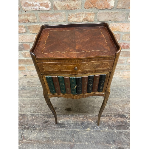 1308 - French kingwood and boxwood inlaid bedside cabinet with raised gallery single drawer and cupboard do... 