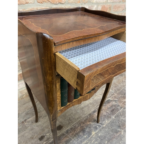 1308 - French kingwood and boxwood inlaid bedside cabinet with raised gallery single drawer and cupboard do... 