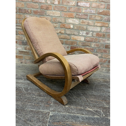 1216 - Good Arts and Crafts limed oak sprung rocking chair, bentwood frame with original upholstery in the ... 