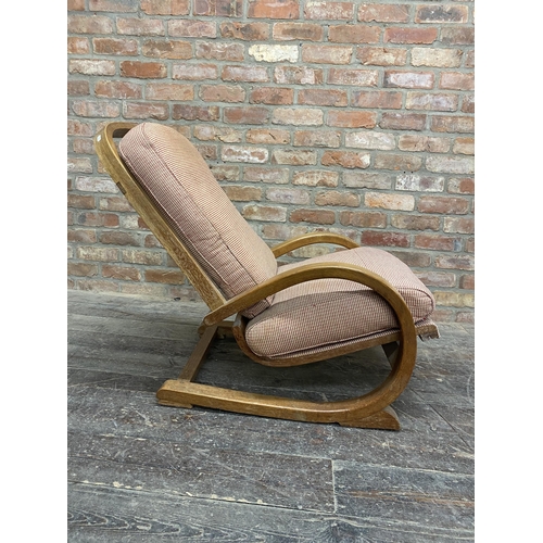 1216 - Good Arts and Crafts limed oak sprung rocking chair, bentwood frame with original upholstery in the ... 