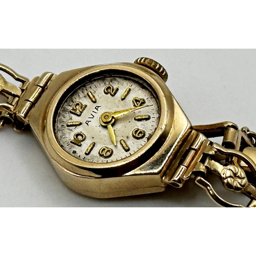 23 - Vintage Avia 9ct ladies cocktail watch, champagne dial, 16mm case, on a 9ct fancy bracelet, 10.9g gr... 