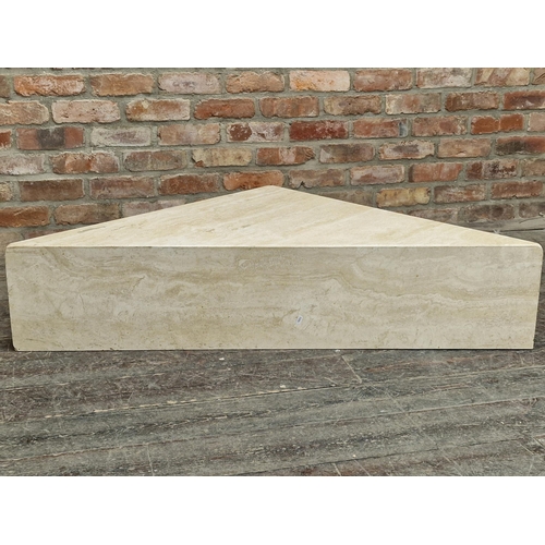 1209 - Probably Italian travertine corner table or plinth, 30cm high, 140cm wide,  97cm deep.