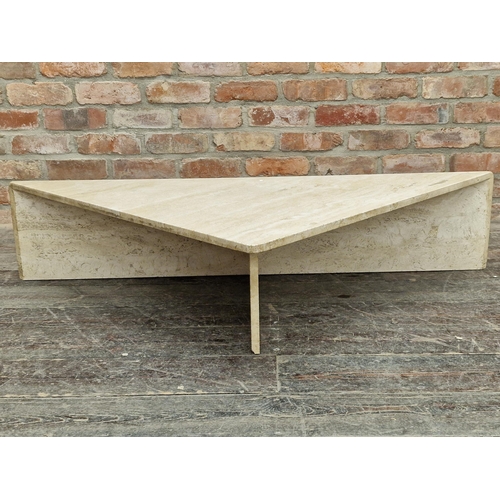 1209 - Probably Italian travertine corner table or plinth, 30cm high, 140cm wide,  97cm deep.