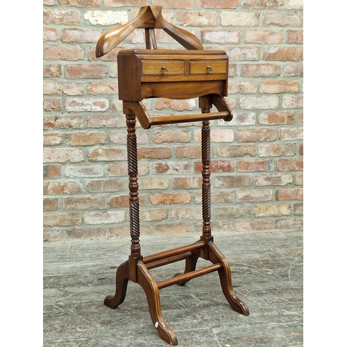 1342 - Mahogany gentleman's dress stand, with coat hanger, cloth rail and two drawers on barley twist suppo... 