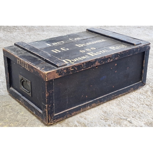 1347 - Military trunk with twin recessed brass handles the planked hinged lid inscribed 'Lieut. Col. H.G.Du... 