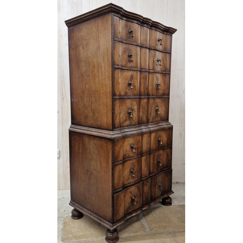 1344 - Good quality Queen Anne style walnut and mahogany tallboy, reverse serpentine shape, seven graduated... 