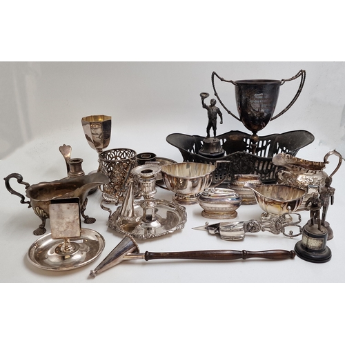 121 - Mixed collection of silver plate to include sauce boats, trophies, candle holders, preserve holder, ... 