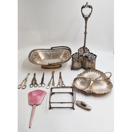 124 - Mixed collection of silver plate to include salvers of various designs, trefoil, grape scissors etc