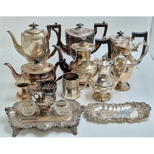 125 - Collection of silver plate to include tea and coffee pots, twin handled urn, tankards, inkstand etc