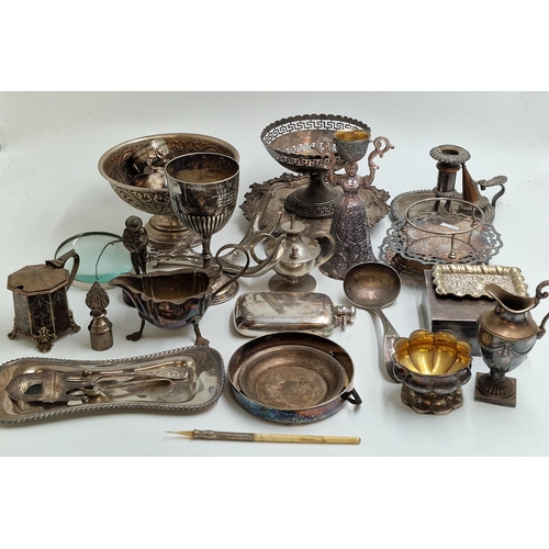 126 - Collection of silver plate to include sugar bowls, tazza, claret jugs, chamberstick, shell shaped sp... 