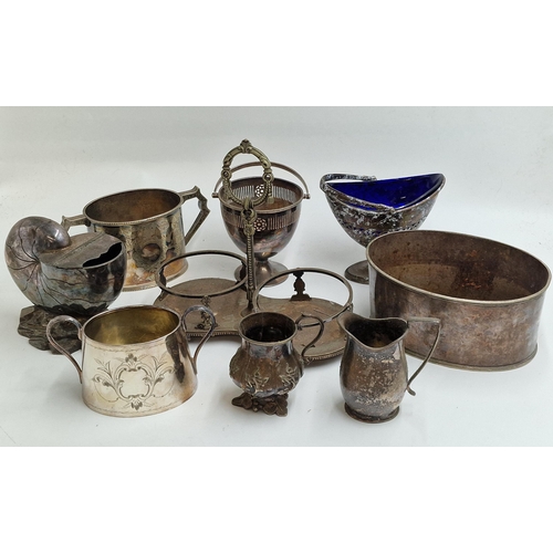 126 - Collection of silver plate to include sugar bowls, tazza, claret jugs, chamberstick, shell shaped sp... 