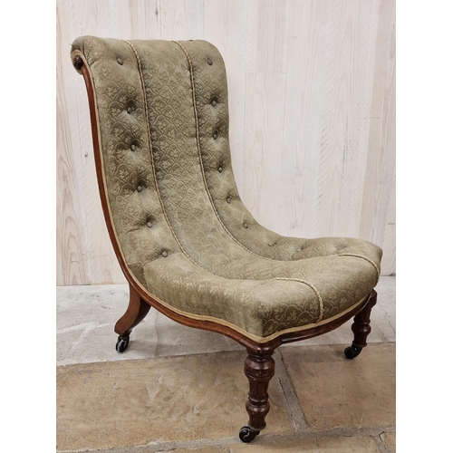 1358 - Victorian scrolled spoon back salon chair with button and pipe work upholstery on a mahogany frame, ... 