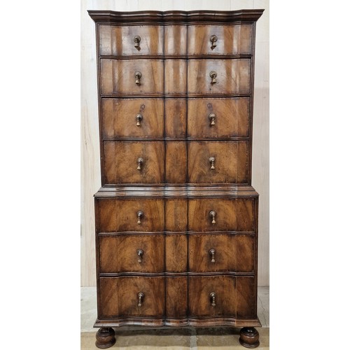 1344 - Good quality Queen Anne style walnut and mahogany tallboy, reverse serpentine shape, seven graduated... 