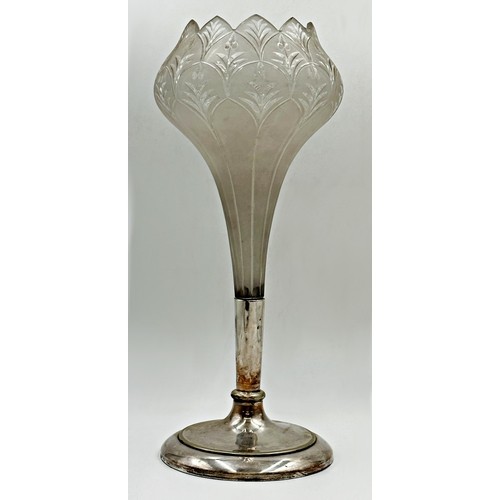 93 - Art Nouveau etched glass and silver plated vase or centrepiece, the central tulip vase upon a steppe... 