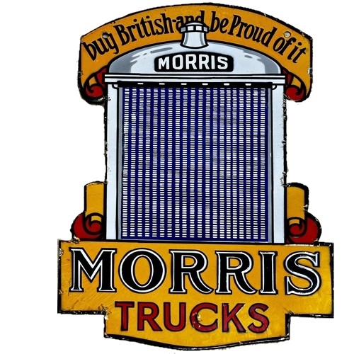 1099 - Advertising - Morris Trucks, original 1930s double sided picture enamel sign in the shape of a grill... 